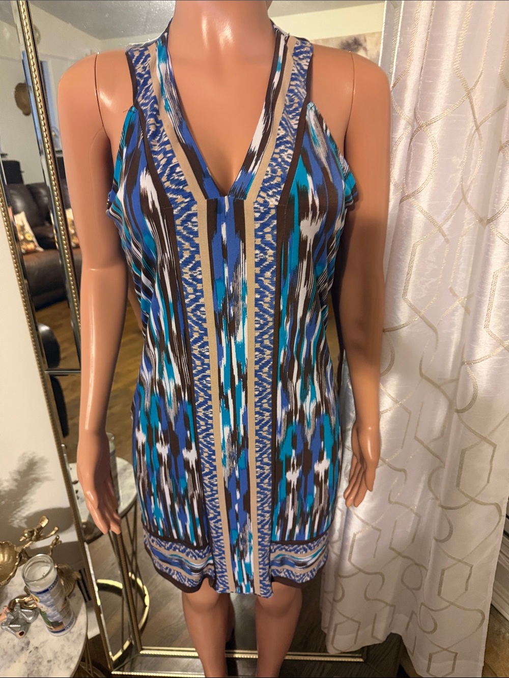 Michael Kors Blue Teal Black Patterned Sleeveless V-Neck Mini Dress